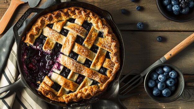 Pi-Tag spezieller hausgemachter Blaubeerkuchen, gebacken in einer Pfanne, Sicht über der Kopffläche AI Generative