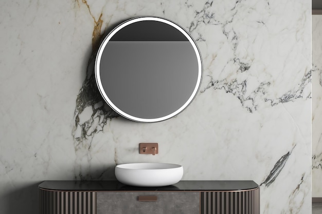 Pia branca confortável com espelho oval em pé na bancada de mármore no banheiro moderno com paredes de mármore renderização em 3d