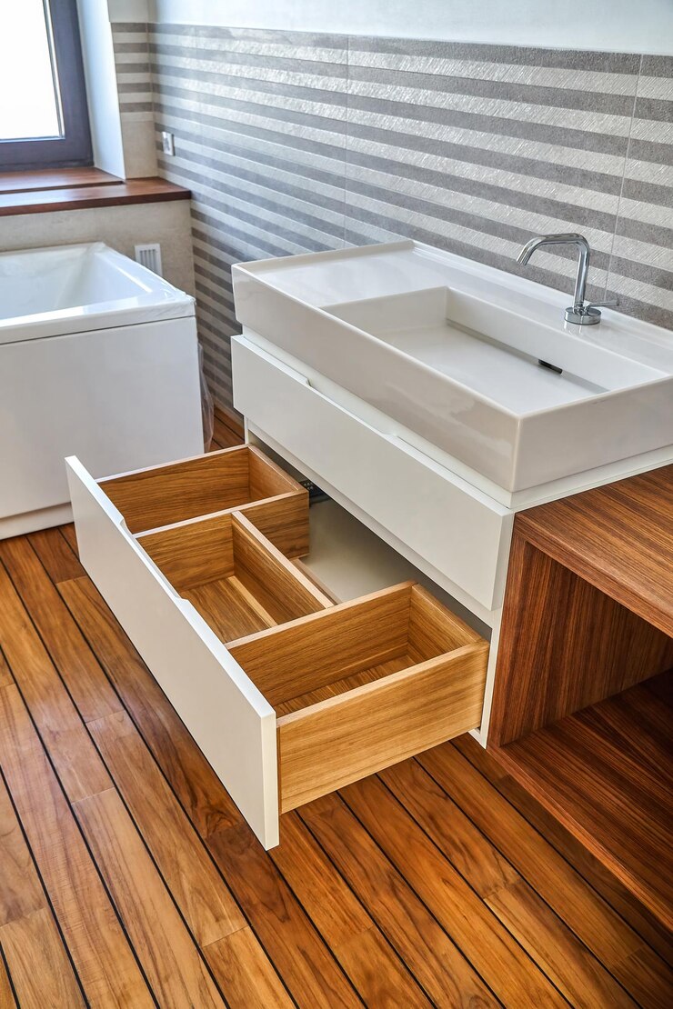 Foto pia de banheiro montada na parede com gaveta aberta em banheiro luxuoso com piso de teca e azulejos listrados