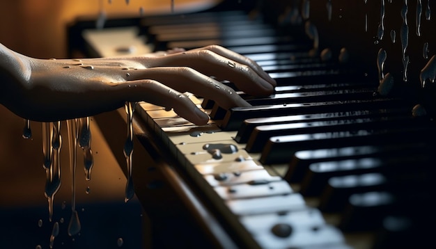 Foto pianista adulto tocando um acorde em um piano azul dentro de casa gerado por inteligência artificial