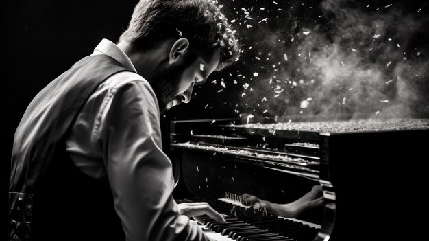 Foto pianista apasionado envuelto en un remolino de notas musicales