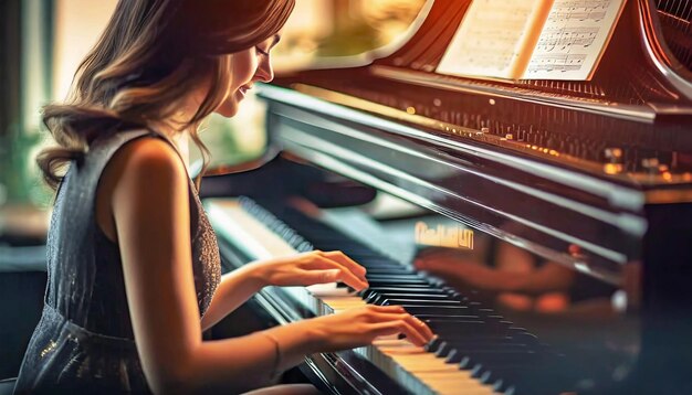 Pianista caucásico tocando un acorde con enfoque