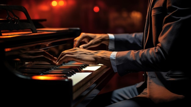 El pianista de un club de jazz ahumado improvisando con los dedos en las teclas