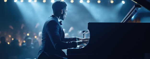 Pianista de concierto en el centro de atención en una actuación en vivo