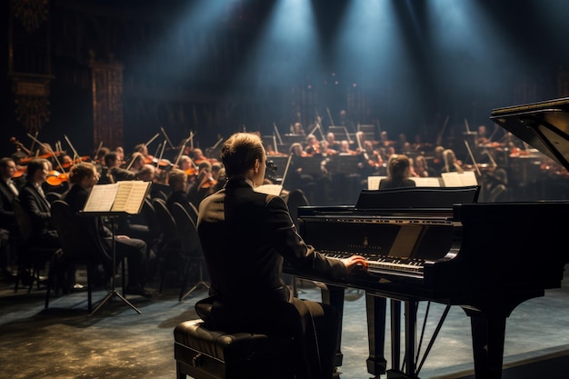 Foto pianista en concierto con orquesta