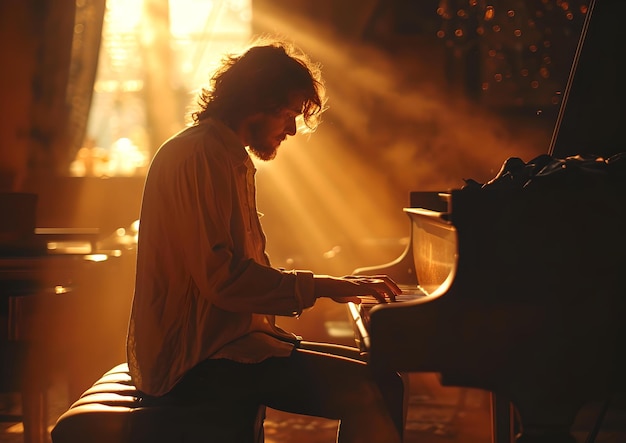 Pianista contemplativo envolto em luz quente ao entardecer, apresentação íntima de música clássica AI