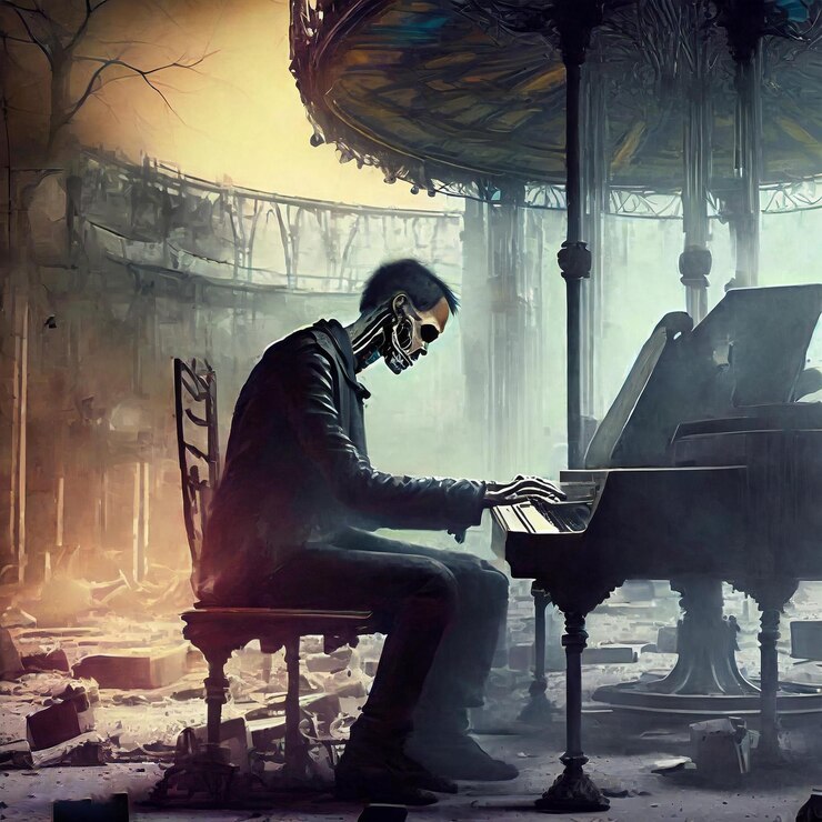 Pianista esquelético tocando en un parque de atracciones apocalíptico abandonado
