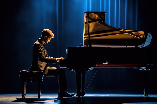 Un pianista masculino en un esmoquin toca una pieza de música en el piano en el escenario de la actuación generada por la IA