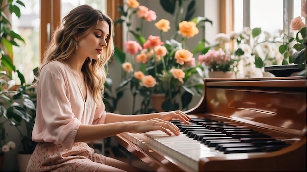 pianista practicando el piano en la habitación de flores