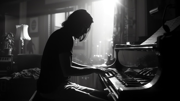 Un pianista toca un piano de cola en una habitación débilmente iluminada El enfoque está en las manos del pianista y las teclas del piano La imagen es en blanco y negro