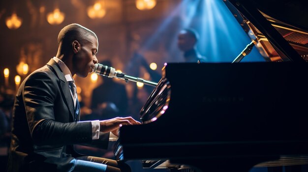 Pianista tocando una pieza en un piano de cola en un concierto visto desde el lado