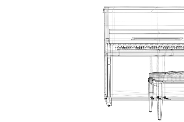 Piano antigo com caminho, estrutura do corpo do modelo 3D, modelo de arame