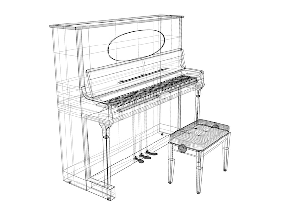 Piano antiguo con camino, estructura de cuerpo de modelo 3D, modelo de alambre