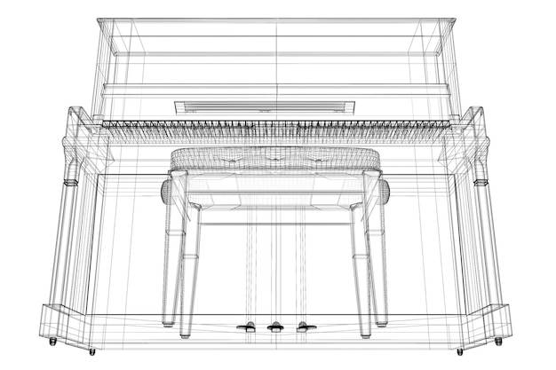 Piano antiguo con camino, estructura de cuerpo de modelo 3D, modelo de alambre