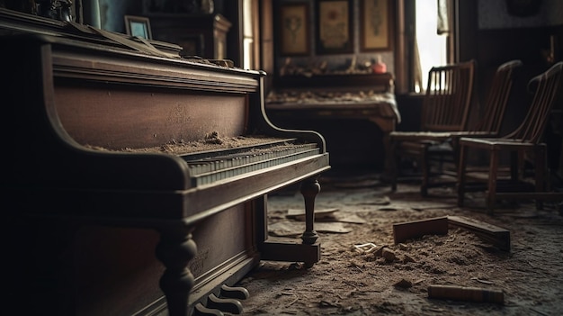 Un piano en una casa abandonada con la palabra piano en el frente.