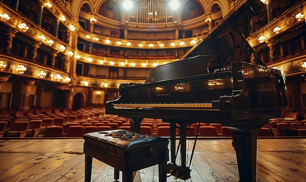 Un piano de cola en una elegante sala de conciertos esperando que los pianistas toquen para llenar el espacio con melodía