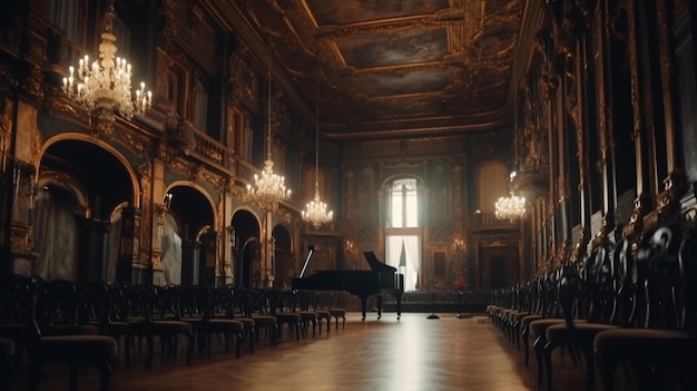 El piano de cola en el gran salón de la ópera.