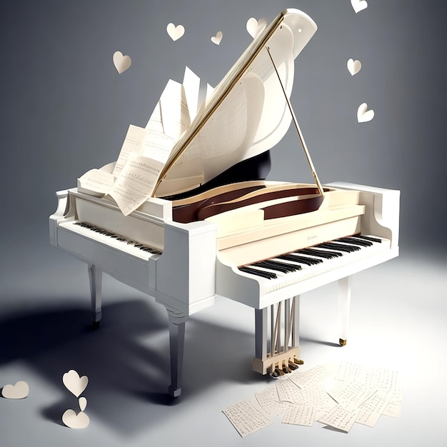 Un piano de cola con una hoja de papel de música llena de cartas de amor cada tecla representa
