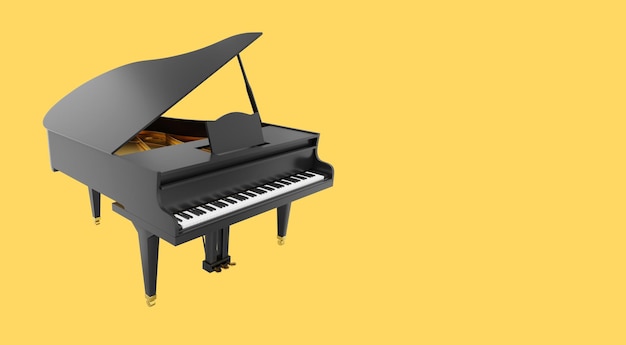 Piano de cola negro realista un instrumento musical Representación 3d Icono en el espacio de fondo amarillo para texto