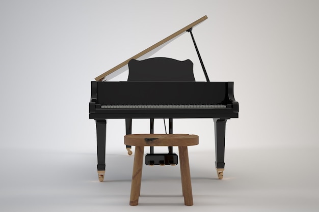 Piano de cola negro con tapa abierta y taburete de madera