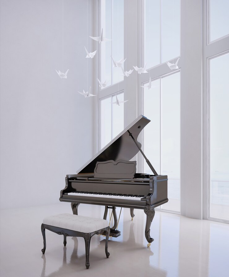 Piano de cola en sala blanca