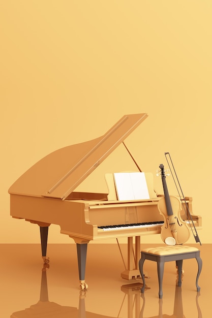 Piano de cola con un violín en fondo de color rosa pastel renderización 3D