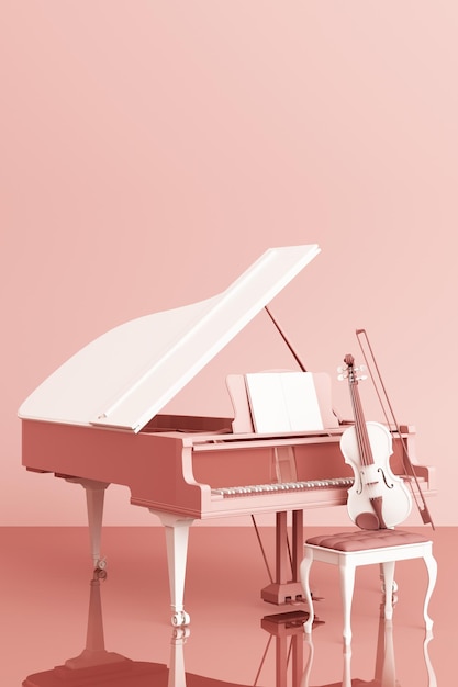Piano de cola con un violín en fondo de color rosa pastel renderización 3D