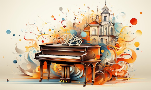 Foto un piano de colores exhibido sobre un fondo blanco con notas musicales