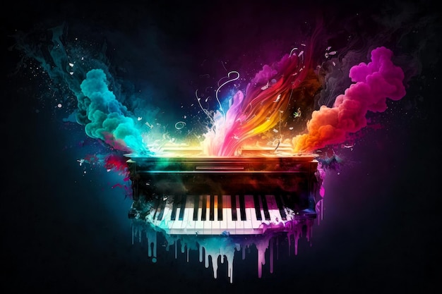 Piano com fumaça colorida saindo dele Generative AI