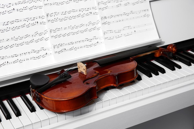 Piano com violino e notas musicais fecham