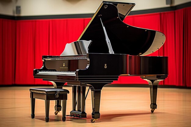 un piano con una cortina roja detrás de él