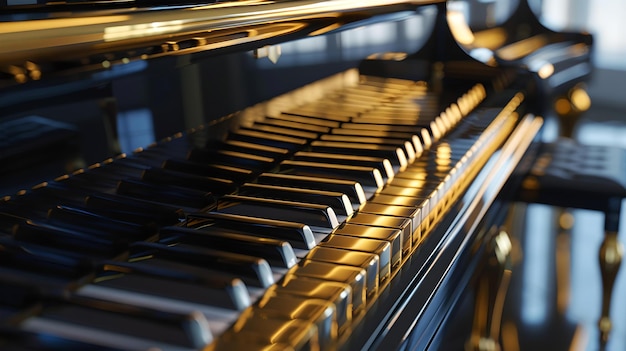 Piano de cauda clássico em close-up instrumento preto brilhante em luz suave imagem perfeita para temas musicais e fundos elegantes criados por AI