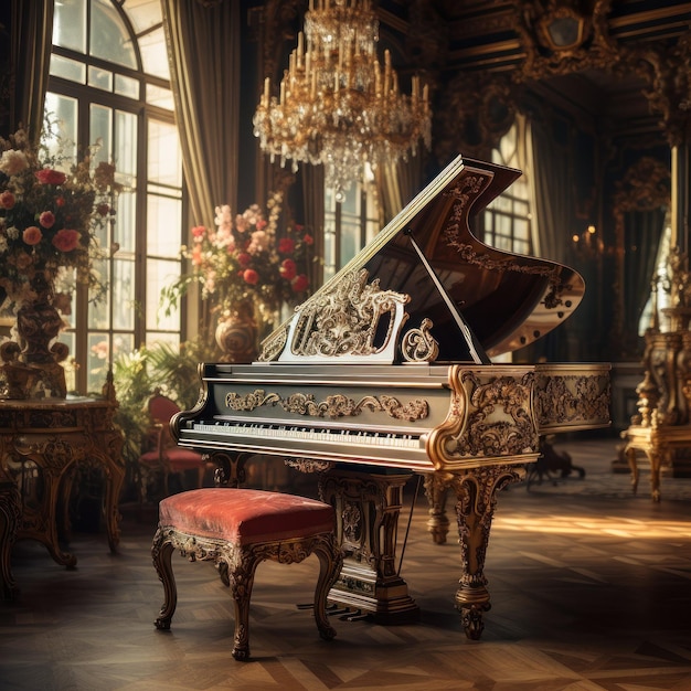 Piano de cauda luxuoso em uma sala com flores e janelas altas palácio real vasos com flores e cr