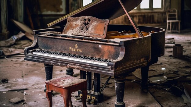 Un piano en un edificio abandonado con la palabra 'prada' en el frente