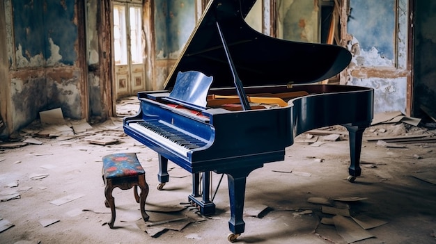 Un piano en un edificio en ruinas con un piano azul en el suelo.