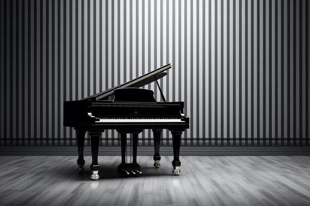 Foto un piano se encuentra frente a una pared rayada con un piano al fondo.