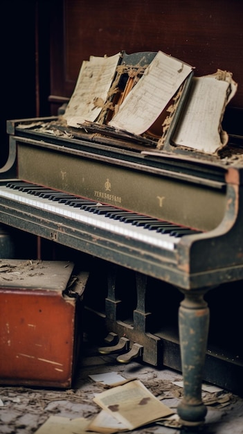 Un piano se encuentra en una habitación con una caja de libros antiguos.