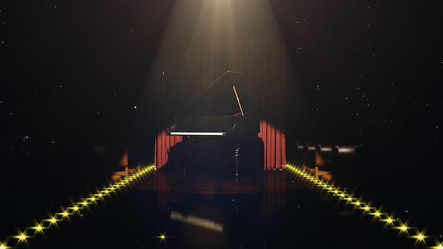 Un piano en un escenario negro con una pantalla iluminada que dice 'piano'