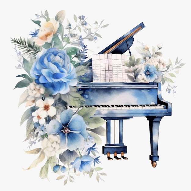 Piano con flores en el fondo blanco.