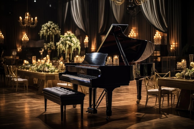 Piano de fondo en un sofisticado salón de baile creado con IA generativa