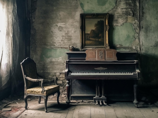 Un piano en una habitación abandonada con un cuadro de una casa al fondo.