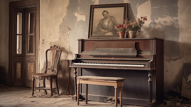 Un piano en una habitación abandonada con la imagen de una mujer en la pared.