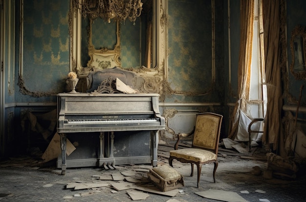 Un piano en una habitación abandonada con un piano roto.