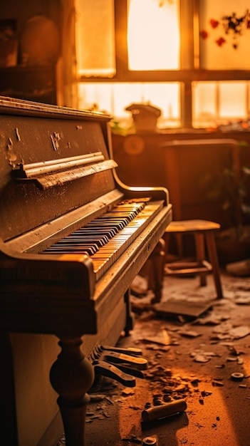 Un piano en una habitación abandonada con una ventana que dice 'piano'
