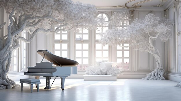 Un piano en una habitación blanca con un árbol en el fondo.