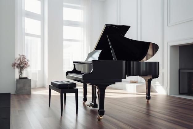 Un piano en una habitación blanca con un piano negro en el suelo.