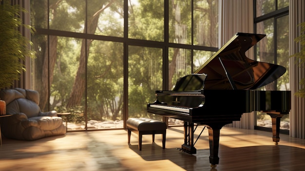 Un piano en una habitación con un gran ventanal que dice 'la música está en la pared'