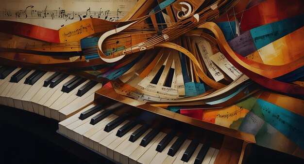 Foto un piano con un montón de instrumentos musicales en él