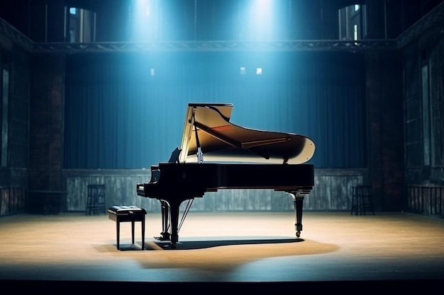 un piano se muestra en un escenario con un piano en el fondo