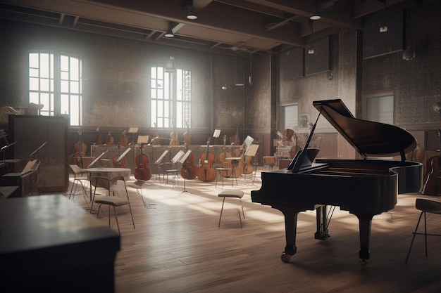 Un piano en un music hall con un piano en primer plano.